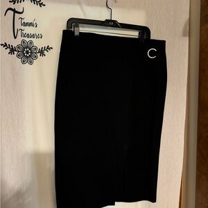 Women’s Black Pencil Skirt with side slit and gold ring accent  -  Size 14